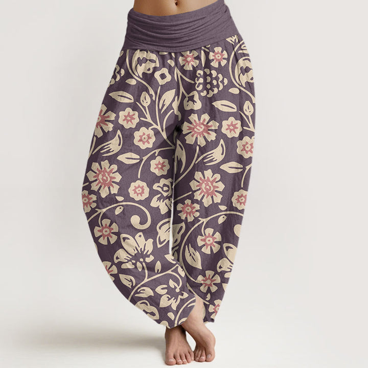 Pantalones harén con cintura elástica para mujer, diseño informal de flores rosas y beige y uvas, con Buddha Stones