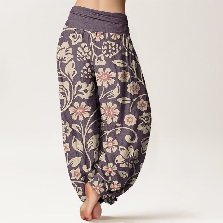 Pantalones harén con cintura elástica para mujer, diseño informal de flores rosas y beige y uvas, con Buddha Stones