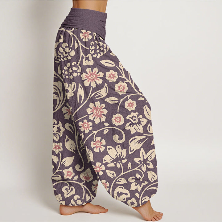 Pantalones harén con cintura elástica para mujer, diseño informal de flores rosas y beige y uvas, con Buddha Stones