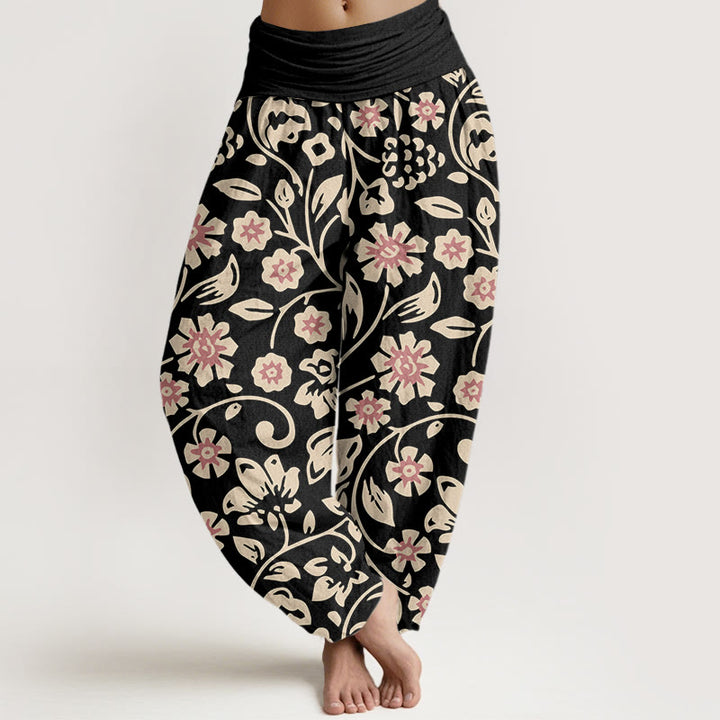 Pantalones harén con cintura elástica para mujer, diseño informal de flores rosas y beige y uvas, con Buddha Stones