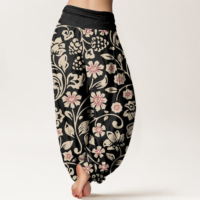 Pantalones harén con cintura elástica para mujer, diseño informal de flores rosas y beige y uvas, con Buddha Stones