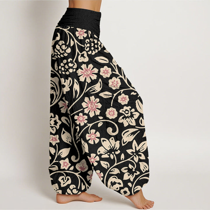 Pantalones harén con cintura elástica para mujer, diseño informal de flores rosas y beige y uvas, con Buddha Stones