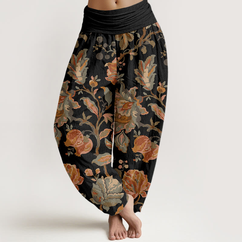 Pantalones harén con cintura elástica para mujer, diseño informal con flores y capullos en flor y Buddha Stones - Negro - US22，UK/AU26，EU54 (6XL) - image 1