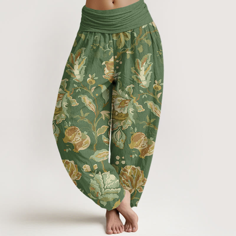 Pantalones harén con cintura elástica para mujer, diseño informal con flores y capullos en flor y Buddha Stones - Verde mar oscuro - US22，UK/AU26，EU54 (6XL) - image 5