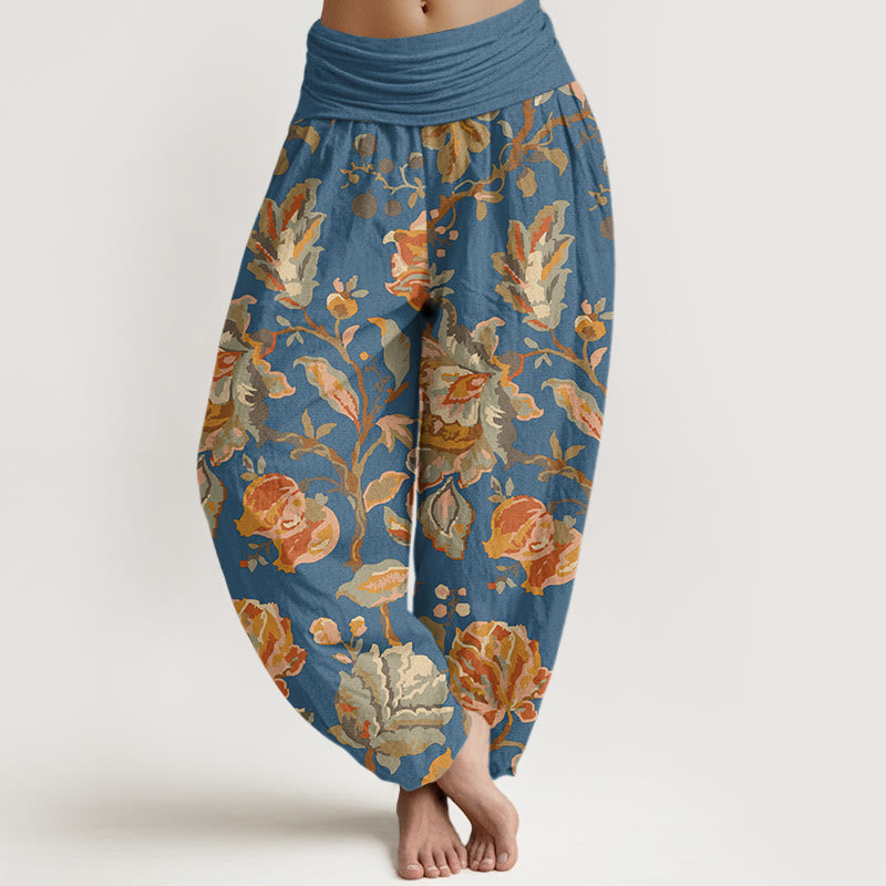 Pantalones harén con cintura elástica para mujer, diseño informal con flores y capullos en flor y Buddha Stones - Azul aciano - US22，UK/AU26，EU54 (6XL) - image 8