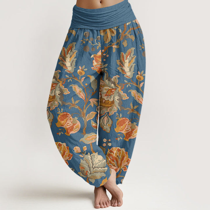 Pantalones harén con cintura elástica para mujer, diseño informal con flores y capullos en flor y Buddha Stones - Azul aciano - US22，UK/AU26，EU54 (6XL) - image 8