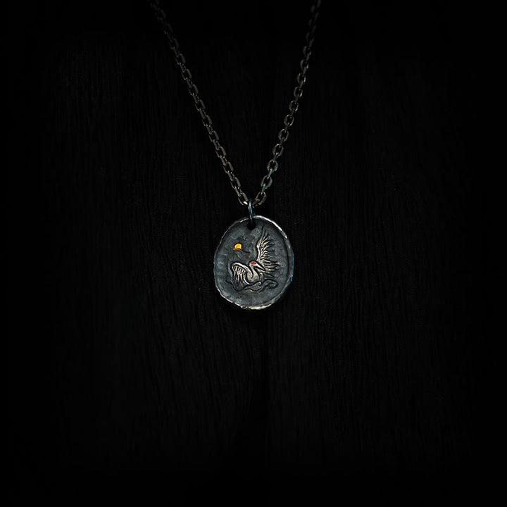 Collar con colgante de equilibrio de nubes auspiciosas y grullas de oro de 24 k y plata de ley 999 con Buddha Stones