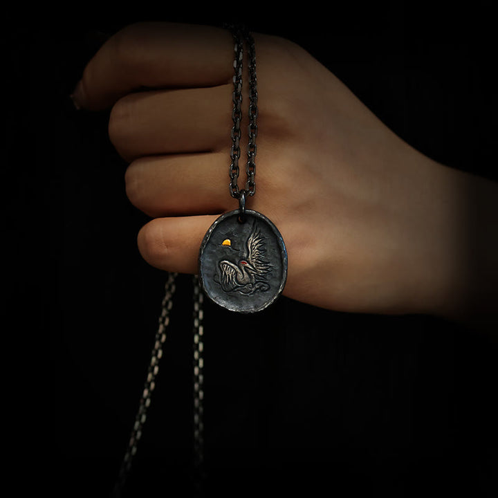 Collar con colgante de equilibrio de nubes auspiciosas y grullas de oro de 24 k y plata de ley 999 con Buddha Stones