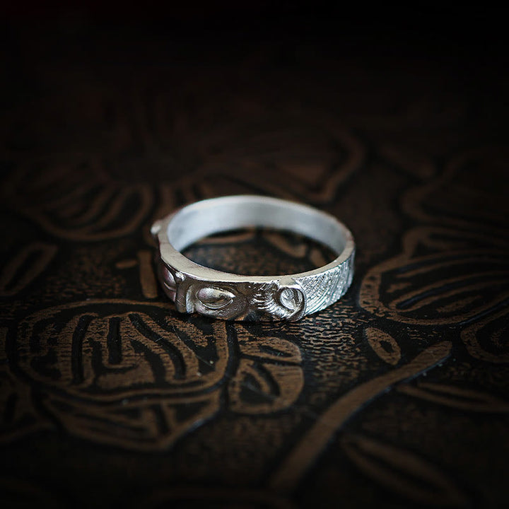 Anillo de protección para los ojos de Buda de plata de ley 999 con Buddha Stones