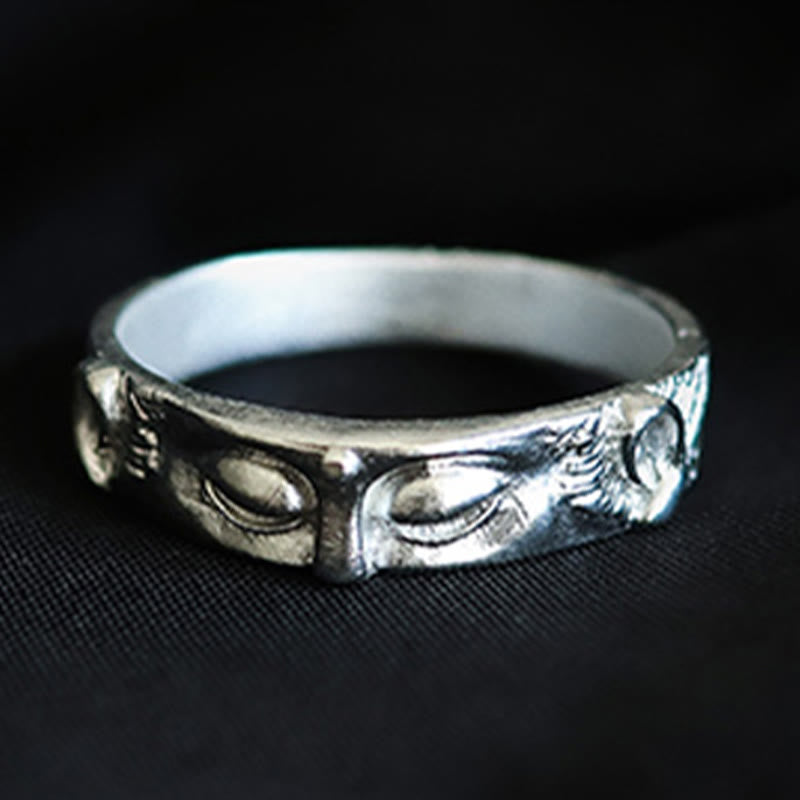 Anillo de protección para los ojos de Buda de plata de ley 999 con Buddha Stones