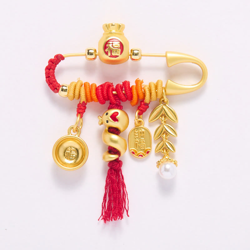 Broche de bolsa de la suerte con Buddha Stones, de cobre, con forma de año de la serpiente y picos de cuerda