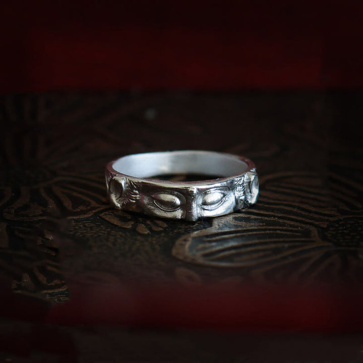 Anillo de protección para los ojos de Buda de plata de ley 999 con Buddha Stones