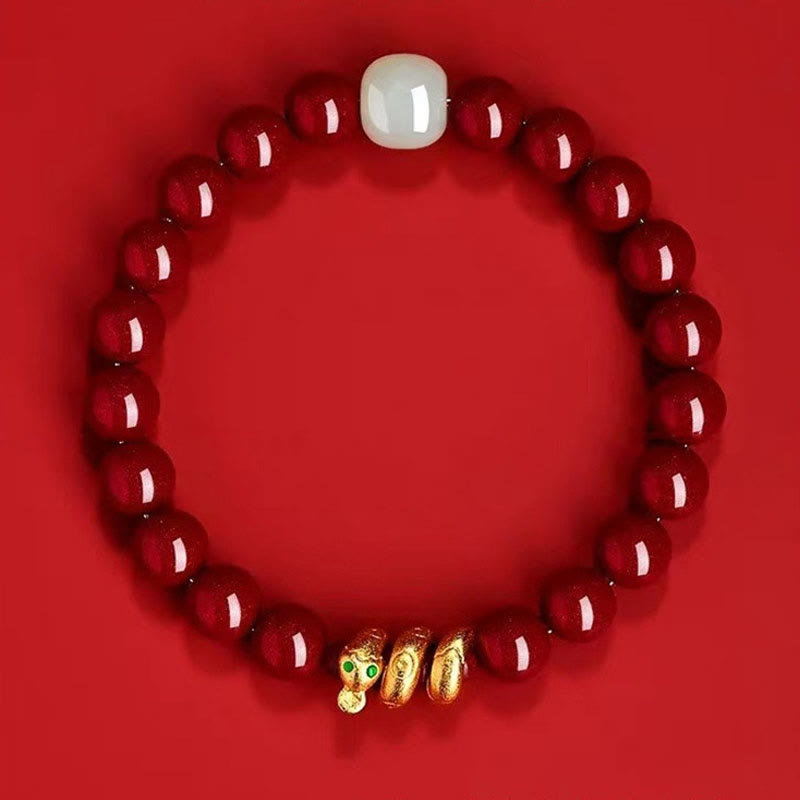 Pulsera de bendición del año de la serpiente con cuentas de cinabrio y Buddha Stones de jade hetiano