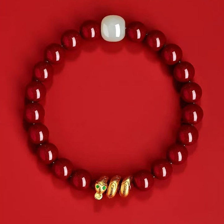 Pulsera de bendición del año de la serpiente con cuentas de cinabrio y Buddha Stones de jade hetiano