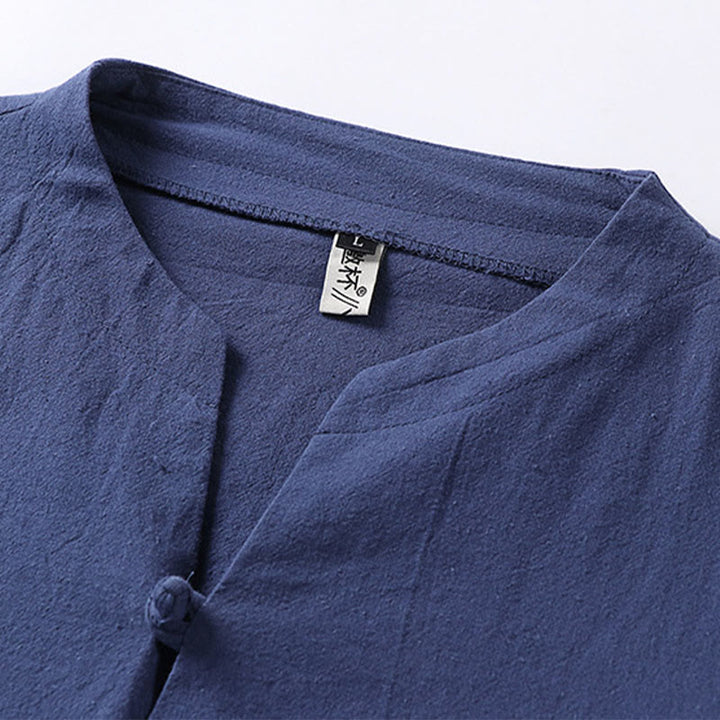 Camisa de lino y algodón con un botón y manga tres cuartos de color liso para hombre con Buddha Stones