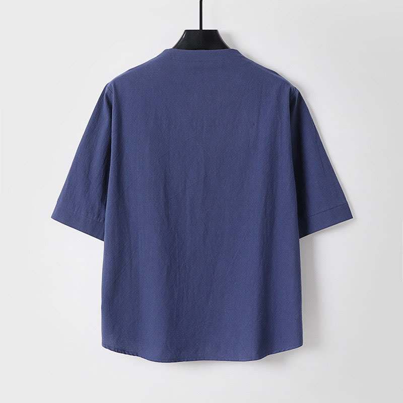 Camisa de lino y algodón con un botón y manga tres cuartos de color liso para hombre con Buddha Stones