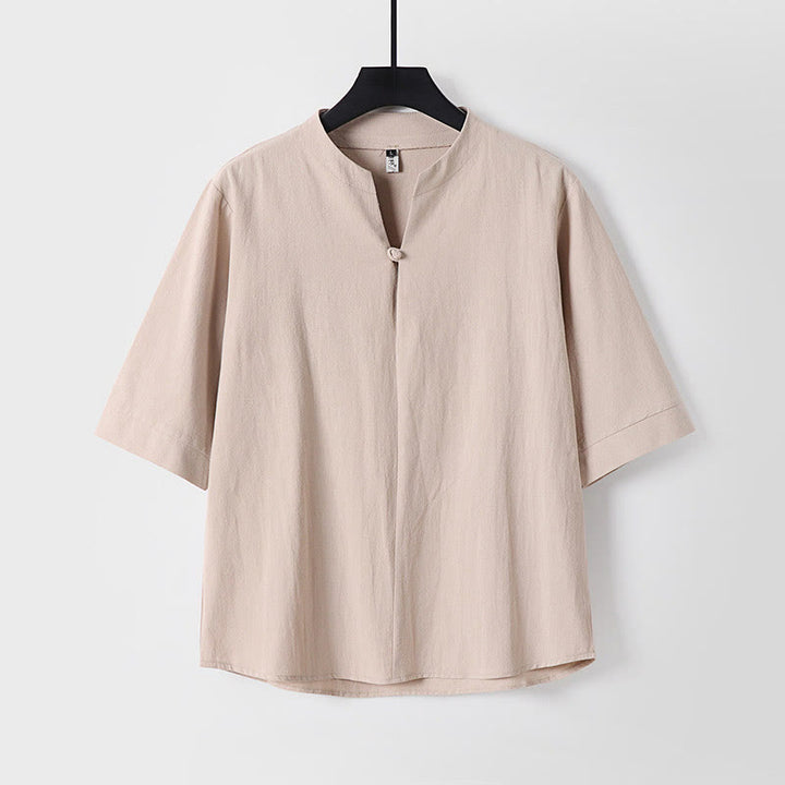Camisa de hombre de algodón y lino, color liso, manga tres cuartos y un botón, con estampado de Buddha Stones. - Trigo - US/UK/AU54, EU64 (9XL) - image 3