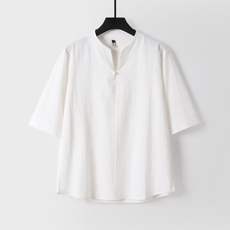 Camisa de lino y algodón con un botón y manga tres cuartos de color liso para hombre con Buddha Stones