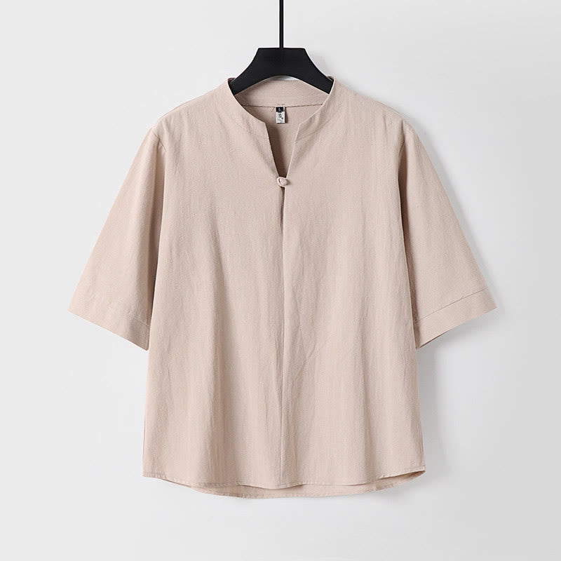 Camisa de lino y algodón con un botón y manga tres cuartos de color liso para hombre con Buddha Stones - Trigo - US/UK/AU54, EU64 (9XL) - image 3