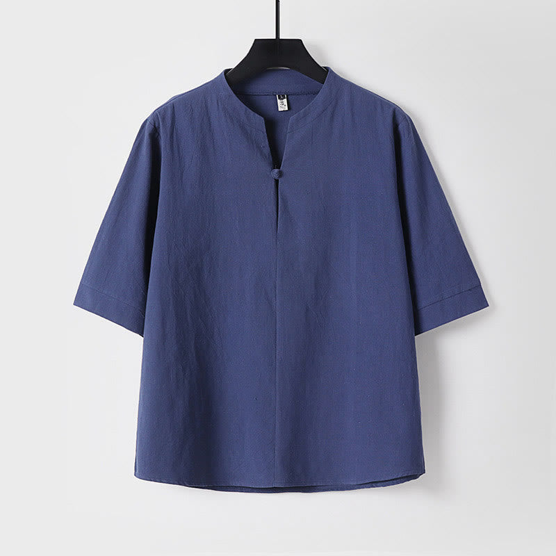 Camisa de lino y algodón con un botón y manga tres cuartos de color liso para hombre con Buddha Stones