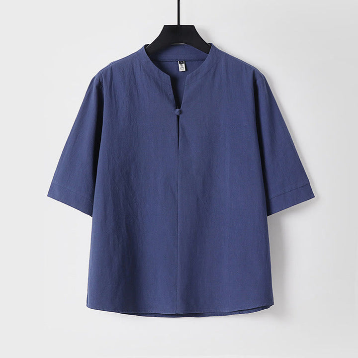 Camisa de lino y algodón con un botón y manga tres cuartos de color liso para hombre con Buddha Stones - Azul oscuro - US/UK/AU54, EU64 (9XL) - image 4