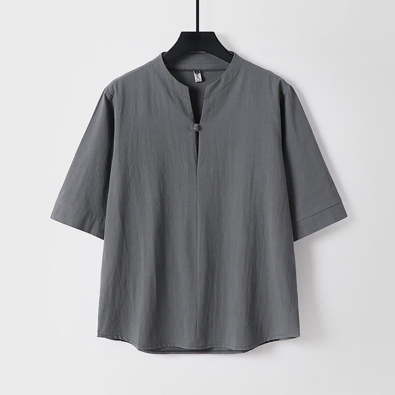 Camisa de lino y algodón con un botón y manga tres cuartos de color liso para hombre con Buddha Stones