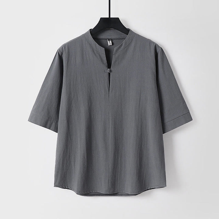 Camisa de lino y algodón con un botón y manga tres cuartos de color liso para hombre con Buddha Stones