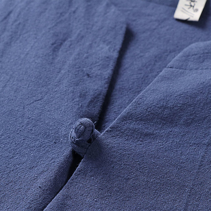 Camisa de lino y algodón con un botón y manga tres cuartos de color liso para hombre con Buddha Stones