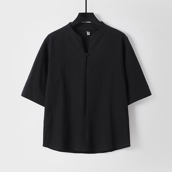 Camisa de hombre de algodón y lino, color liso, manga tres cuartos y un botón, con estampado de Buddha Stones. - Negro - US/UK/AU54, EU64 (9XL) - image 0