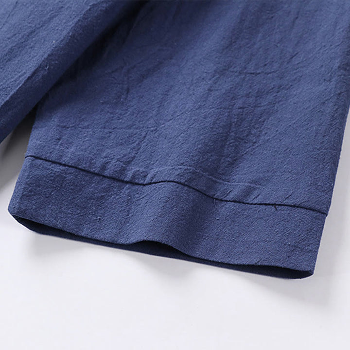 Camisa de lino y algodón con un botón y manga tres cuartos de color liso para hombre con Buddha Stones