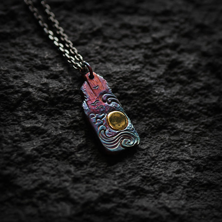 Collar con colgante de equilibrio de sol y ondas de oro de 24 k y plata de ley 999 con Buddha Stones