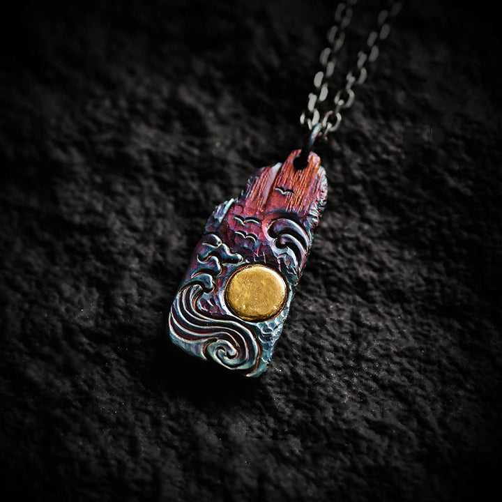 Collar con colgante de equilibrio de sol y ondas de oro de 24 k y plata de ley 999 con Buddha Stones