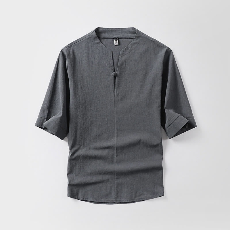 Camisa de lino y algodón con mangas tres cuartos y un botón de color liso para hombre con estampado de Buddha Stones - Gris - US/UK/AU54, EU64 (9XL) - image 0