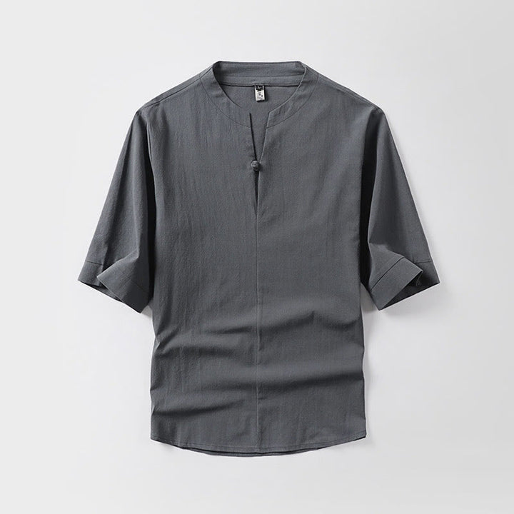 Camisa de lino y algodón con mangas tres cuartos y un botón de color liso para hombre con estampado de Buddha Stones - Gris - US/UK/AU54, EU64 (9XL) - image 0
