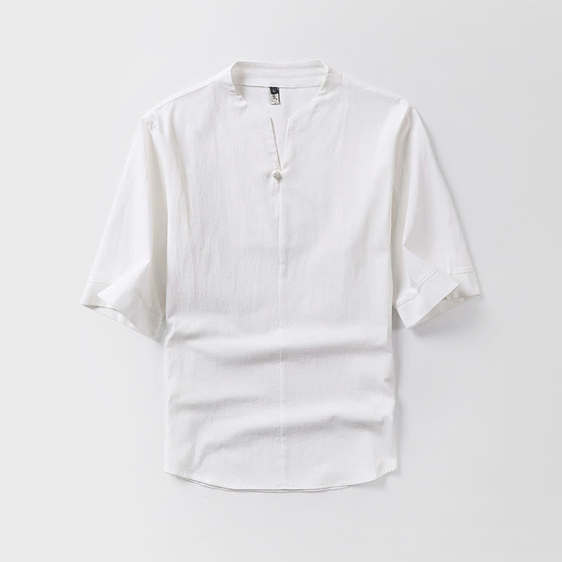 Camisa de lino y algodón con mangas tres cuartos y un botón de color liso para hombre con estampado de Buddha Stones - Blanco - US/UK/AU54, EU64 (9XL) - image 1