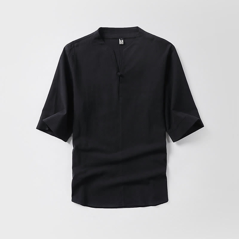 Camisa de lino y algodón con mangas tres cuartos y un botón de color liso para hombre con estampado de Buddha Stones - Negro - US/UK/AU54, EU64 (9XL) - image 2