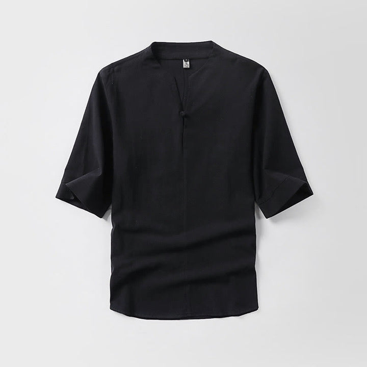 Camisa de lino y algodón con mangas tres cuartos y un botón de color liso para hombre con estampado de Buddha Stones - Negro - US/UK/AU54, EU64 (9XL) - image 2