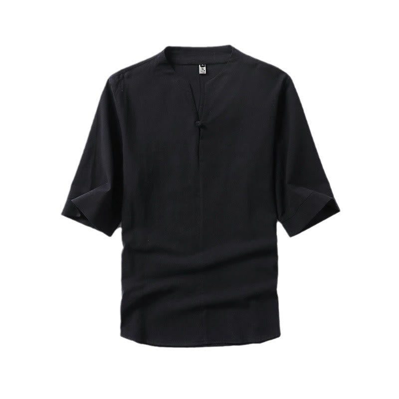 Camisa de lino y algodón con mangas tres cuartos y un botón de color liso para hombre con estampado de Buddha Stones - image 3