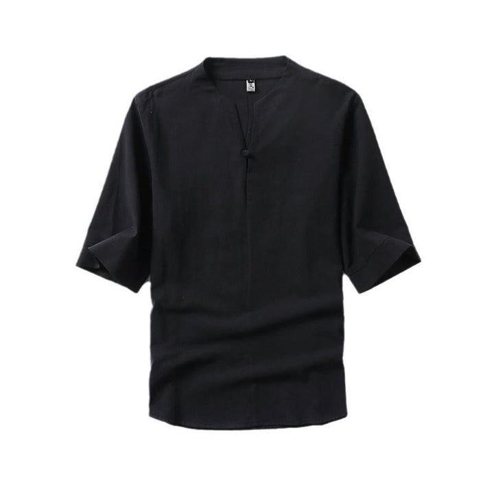 Camisa de lino y algodón con mangas tres cuartos y un botón de color liso para hombre con estampado de Buddha Stones - image 3