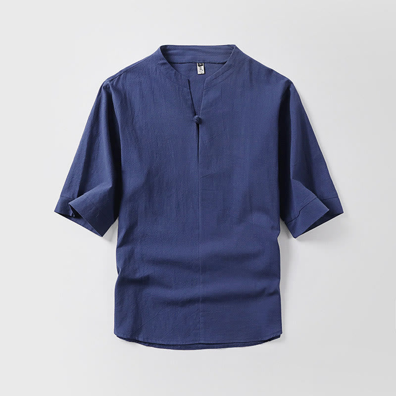Camisa de lino y algodón con mangas tres cuartos y un botón de color liso para hombre con estampado de Buddha Stones - Azul oscuro - US/UK/AU54, EU64 (9XL) - image 6