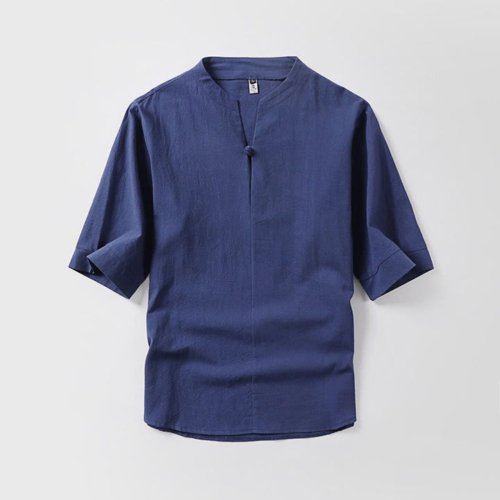 Camisa de lino y algodón con mangas tres cuartos y un botón de color liso para hombre con estampado de Buddha Stones - Azul oscuro - US/UK/AU54, EU64 (9XL) - image 6