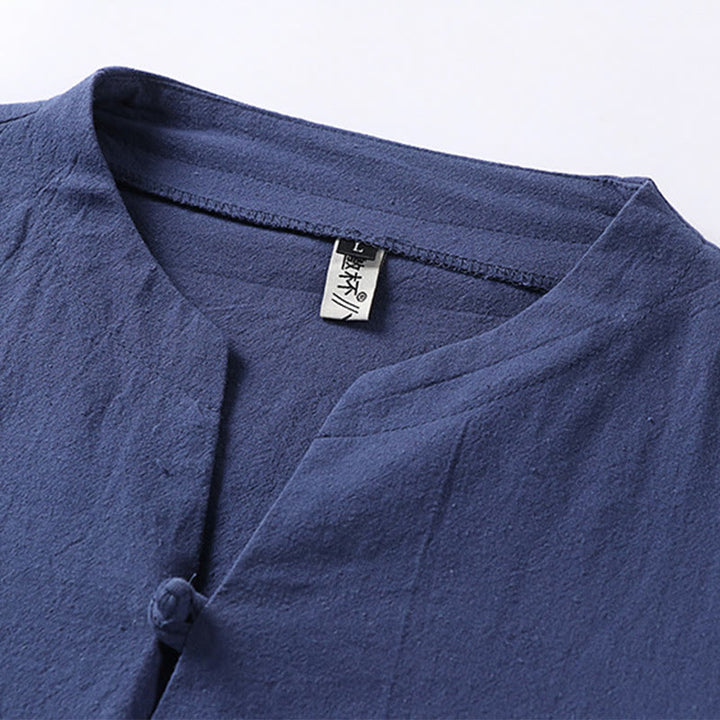 Camisa de lino y algodón con mangas tres cuartos y un botón de color liso para hombre con estampado de Buddha Stones - image 8