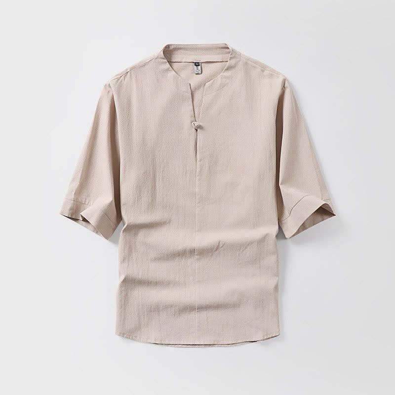 Camisa de lino y algodón con mangas tres cuartos y un botón de color liso para hombre con estampado de Buddha Stones - Trigo - US/UK/AU54, EU64 (9XL) - image 4