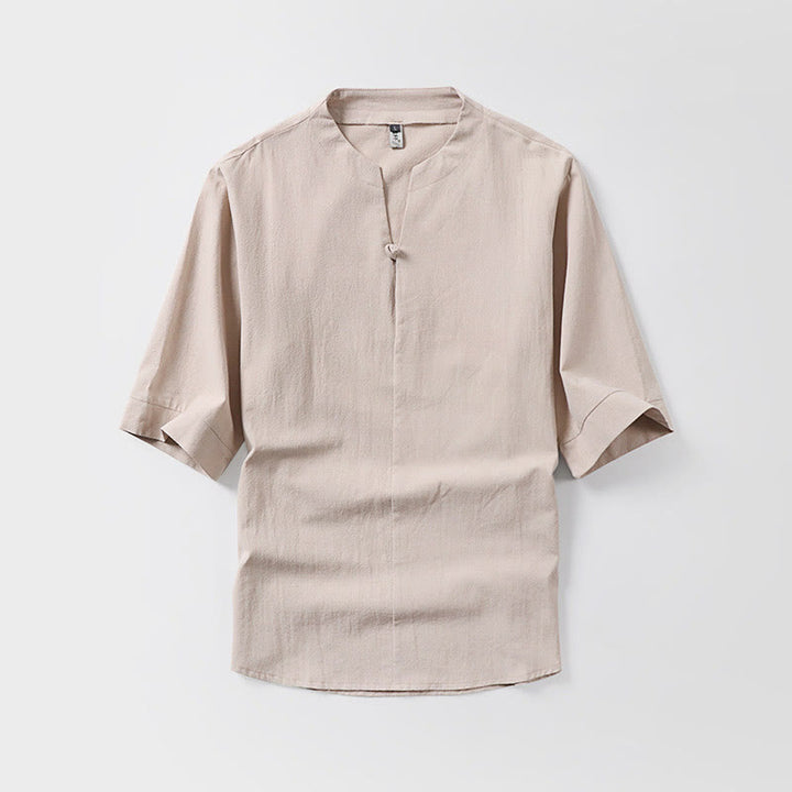Camisa de lino y algodón con mangas tres cuartos y un botón de color liso para hombre con estampado de Buddha Stones - Trigo - US/UK/AU54, EU64 (9XL) - image 4