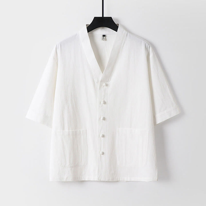 Buddha Stones Camisa informal de lino y algodón con botones delanteros y mangas tres cuartos de color liso para hombre con bolsillos - Blanco - US/UK/AU54, EU64 (9XL) - image 9