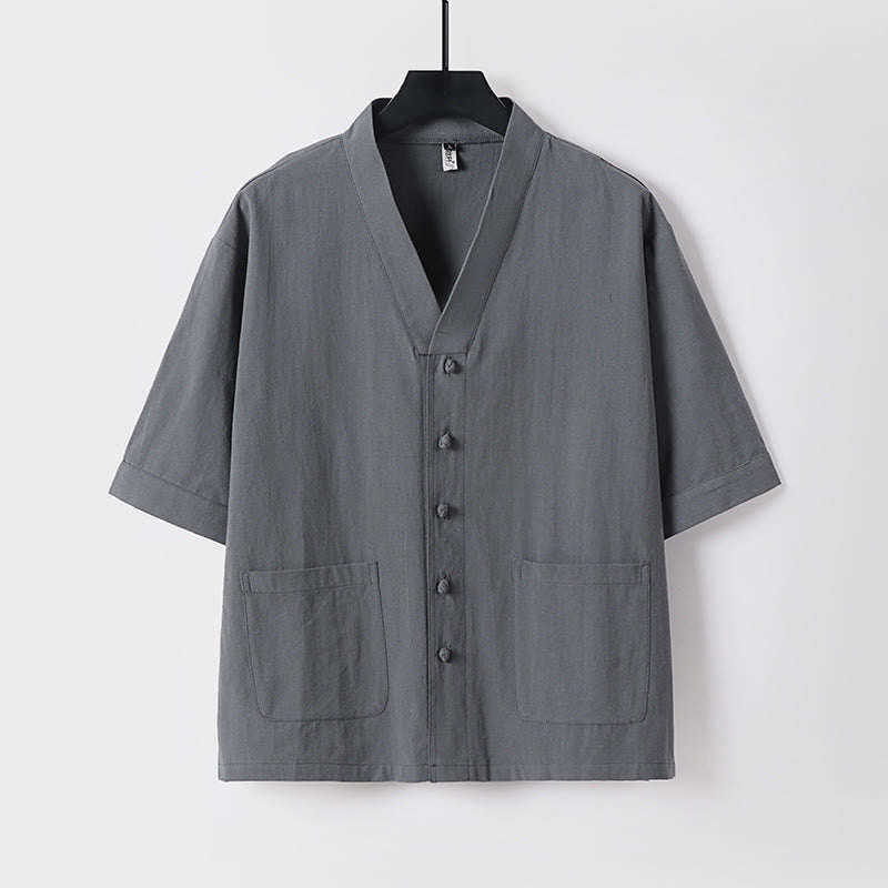 Buddha Stones Camisa informal de lino y algodón con botones delanteros y mangas tres cuartos de color liso para hombre con bolsillos