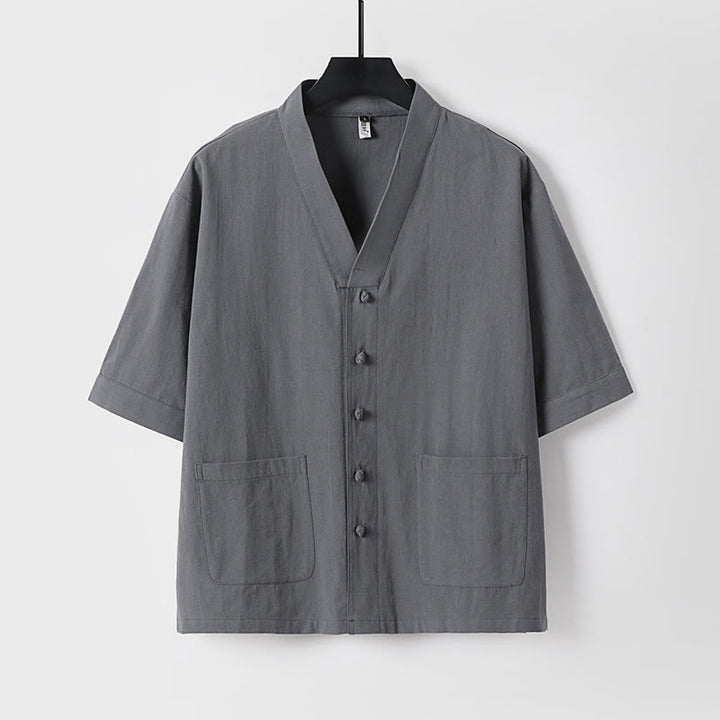 Buddha Stones Camisa informal de lino y algodón con botones delanteros y mangas tres cuartos de color liso para hombre con bolsillos