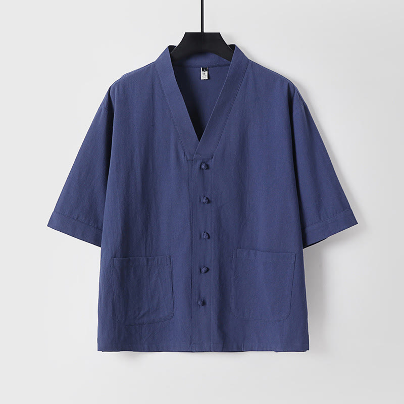 Buddha Stones Camisa informal de lino y algodón con botones delanteros y mangas tres cuartos de color liso para hombre con bolsillos