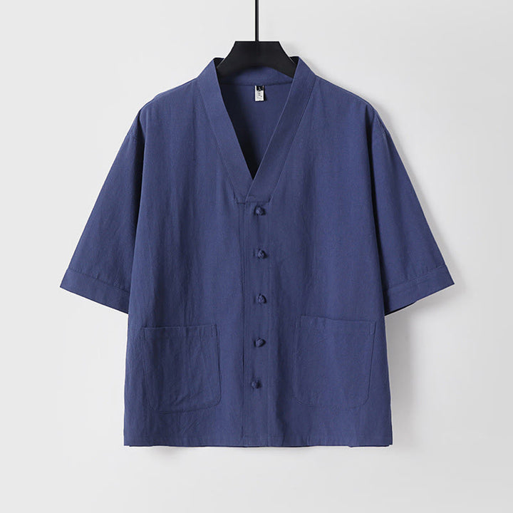 Buddha Stones Camisa informal de lino y algodón con botones delanteros y mangas tres cuartos de color liso para hombre con bolsillos