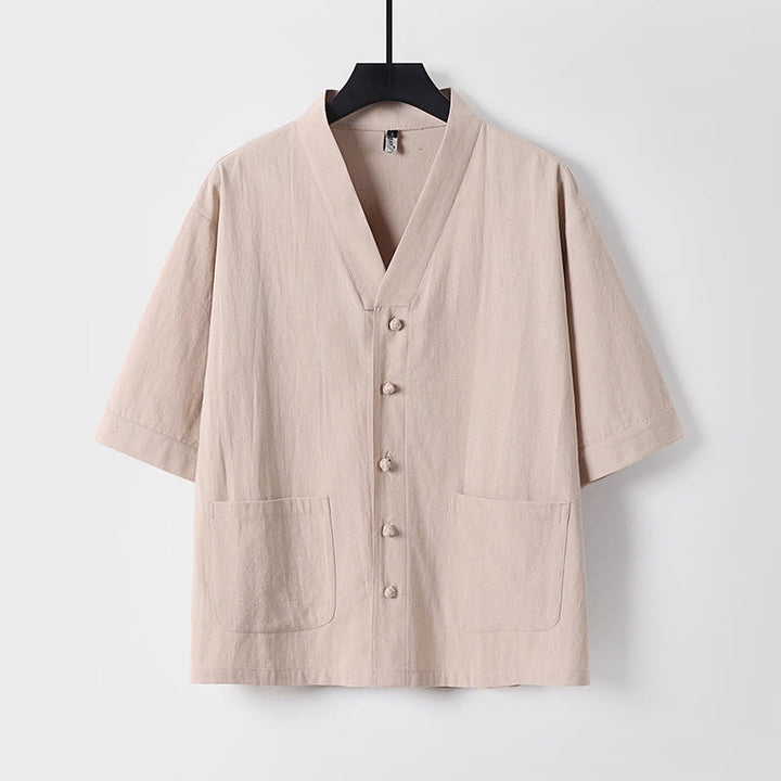 Buddha Stones Camisa informal de lino y algodón con botones delanteros y mangas tres cuartos de color liso para hombre con bolsillos - Trigo - US/UK/AU54, EU64 (9XL) - image 0